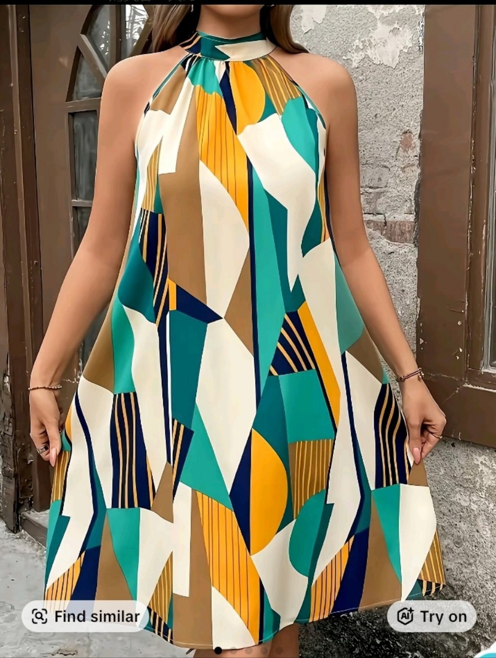 Geometric Halter Swing Dress in Teal & Mustard